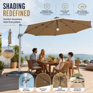 Heavy Duty Windproof Aluminum Parasol Manual Tilt Cantilever For Outdoor Restaurants Patios Poolside Party Event