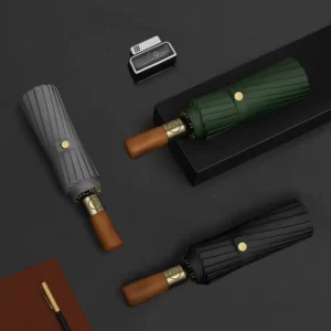 High End Luxury 3 Folding Fully Automatic UV Windproof Business Umbrella Golden Wooden Handle Multi Color Customized Logo 105cm