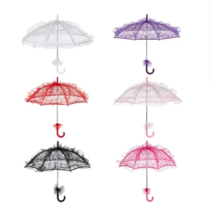 High End White Ivory Lace Craft Children’s Mini Wedding Straight Umbrella Modern Luxury Design Metal Frame Manual Opening 8 Ribs