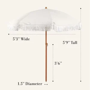 High Quality 180CM Beige Polyester Fabric Beach Umbrella Parasol With Straight Fringe Design And Metal Frame For Sun Protection