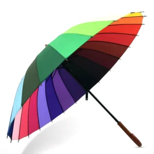 High Quality 24 Ribs Curved Handle Customized Promotion Colorful Semi Automatic Rainbow Straight Golf Umbrella