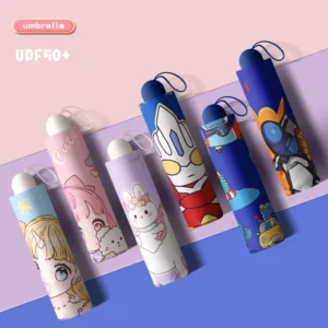 21-Inch Children’s Compact Folding Umbrella, Cartoon, UV Protective, Reflective, Manual, 3-Fold, Custom Print