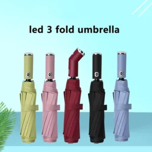 High Quality Custom logo Gift 3 Fold Automatic Flashlight Umbrella With LED Light Handle Multi-functional Umbrella for Travel