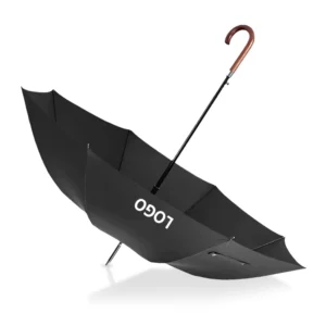 High Quality Double Fiberglass Windproof Frame J Shape Wooden Handle Straight Umbrella With Logo Prints