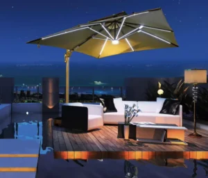 High Quality Golden Solar LED Waterproof Sunshade Umbrella 3x3m Square 360 Degree Rotating Outdoor Furniture Courtyard Gym