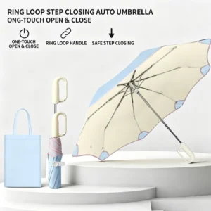 High Quality Modern 8 Rib 3 Fold Auto Umbrella Ring Loop Handle Anti-Rebound Step Safe Closing UV Resistant Silver Coating Sun