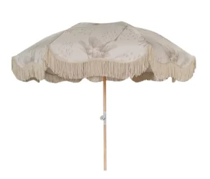High Quality UV Sun Protection Outdoor Modern Style Parasol Umbrella with Fringe Custom Logo Tassels Beach Umbrella with Fringe