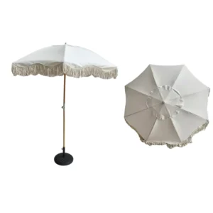 High Quality White Outdoor Beach Umbrella With Tassel Fringe Aluminum Frame