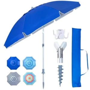 High-Wind Beach Umbrella with Sand Anchor Aluminum Patio Outdoor Sunshade Umbrella for Travel Lawn Poolside Backyard