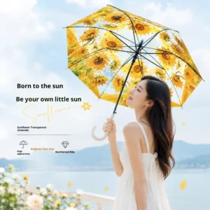 High-appearance Oil-Painting Sunflower Transparent Long-Handled Semi Automatic Opening Umbrella-for Instagram-Worthy Photos
