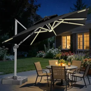 High-end Quality Modern Black Turkish Outdoor Furniture Umbrella LED Lighting Solar Charging Panel Heavy Duty Aluminum Frame