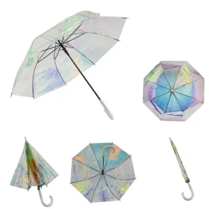 Holographic Iridescent Windproof Clear Transparent Umbrella for Girls, Photos and Selfies