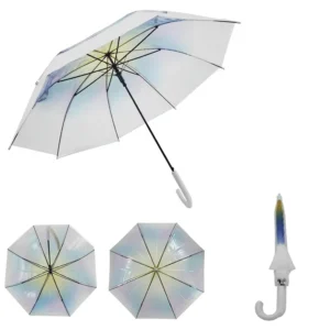 Holographic Rainbow Gradient Clear Umbrella POE Transparent Straight Parasol With White J Hook Handle for Women Fashion