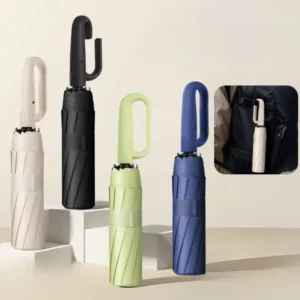 Hook Handle Umbrella with Custom Logo, Windproof Automatic Folding Design for Rain and Sun