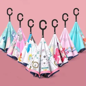 Hot Cute Cartoon Thickened C Type Handfree Straight Umbrella Double Layer Children’s Reverse Umbrella