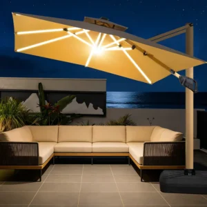 Hot Sell Easy to Open Outdoor Restaurant Cafe Sun Shade Parasol Garden Patio Beach Umbrella with LED Lights