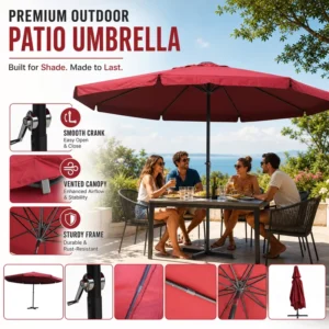 Hotel Garden Aluminum Red Center-Pole Parasol, Waterproof Polyester, Beach Patio Umbrella