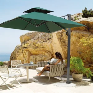 Hydraulic Double-Top Full Aluminum Offset Patio Umbrella with Nylon Plate, 150kg Wheeled Water Tank Base