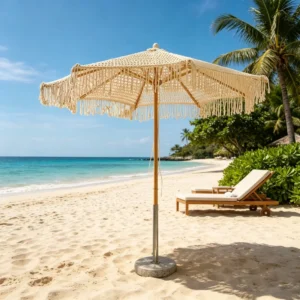 In Stock White Beach Umbrella Vintage Waterproof Crank Tilt UV Beside Glamping Market Stall Parasol