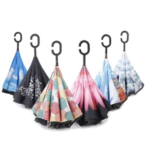 Inverted Car Umbrella Reverse Open with Custom Print, Metal Key Stand, and Patterned Rubber