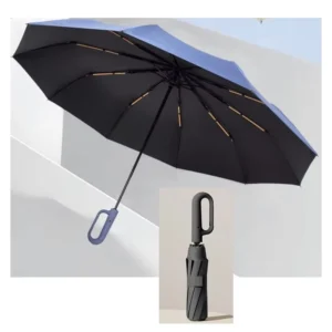 Inverted Folding Travel Umbrella Windproof 10 Ribs Upside-Down Umbrella with Carabiner Handle Rain and Sun Protection for Women and Men