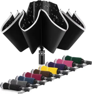 Inverted Large Windproof Rain and Sun Compact Reverse Reflective Stripe Coated Travel Folding 3-Fold 102cm Umbrella