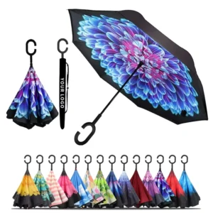 Inverted Reverse Upside-Down Umbrella with C-Shaped Handle Waterproof Anti-UV Rain Umbrella for Women and Men