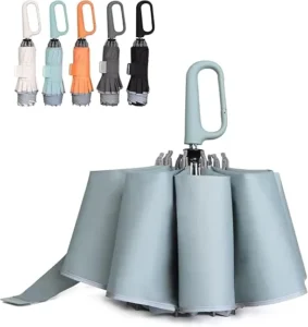 Inverted Umbrella with Carabiner Handle Compact Windproof Portable Reverse Folding Umbrella for Rain and Sun