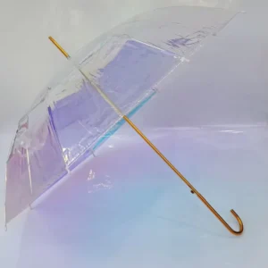 Iridescent Clear Arc Stick Umbrella with Hook Handle, Waterproof