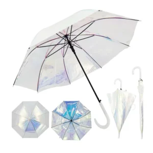 Iridescent Transparent Dome Umbrella with Laser Finish and White J Handle