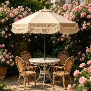 Iron Patio Umbrella Beige Center Pole Outdoor Parasol with Tassel Fringe for Garden Picnic Backyard Outdoor Furniture