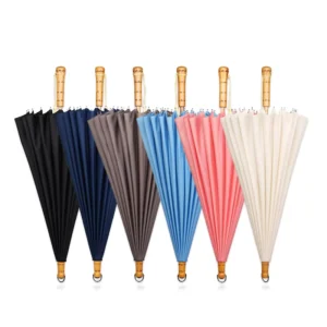 Japanese Style Minimalist Black Long Walking Stick Umbrella Automatic Open Bamboo Frame Wooden Handle