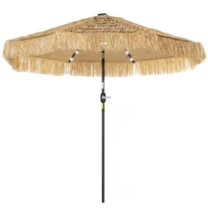 Khaki Woven Seaweed Umbrella with LED Solar Lamp for Outdoor Garden Dining Areas