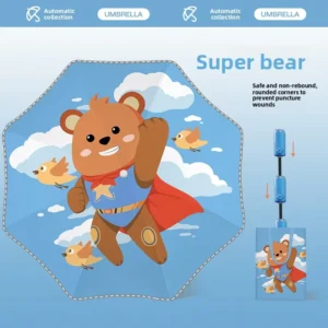 Kids Automatic Folding School Umbrella, Rounded Safety Edge, Telescopic Closure, Anti-Rebound, For Boys and Girls
