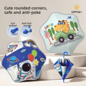 Kids Cartoon Long Stick Umbrella Double Layer Rounded Edges Anti Puncture Safety Lightweight for Boys Girls Students