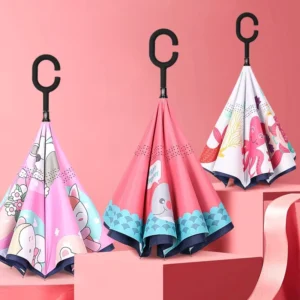 Kids’ Cartoon Reverse Umbrella C Handle Hands-Free Thick Straight Umbrella for Children