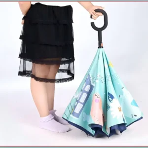 Kids’ Cartoon Reverse Umbrella Thickened C Handle Hands-Free Straight Rain Umbrella for Boys and Girls