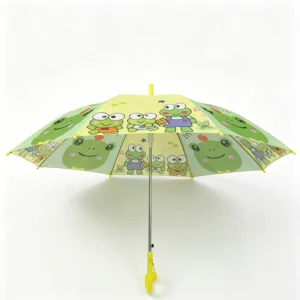 Kids Cartoon Umbrella with Safety Whistle Colorful Printed Fabric Children Stick Umbrella with Curved J-Handle