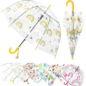 Kids Clear Bubble Umbrella Easy-Grip Curved EVA Handle Safety Dome Waterproof Windproof Alloy Steel Toddler Umbrella