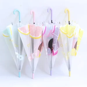 Kids Frosted Cartoon Fruit Pattern Printed Semi-Automatic Transparent Umbrella with Straight Handle