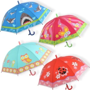 Kids POE Animal Print Umbrella with Whistle, Semi-Automatic, Butterfly Shark Owl Ladybird
