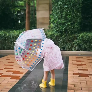 Kids Polka Dot Arch Transparent POE Dome Straight Long-Handle 8-Rib Umbrella