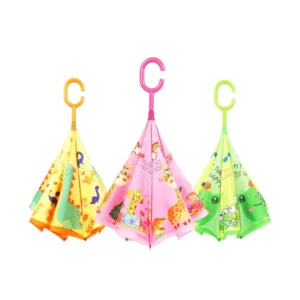 Kids Reverse Umbrella Hands-Free Anti-Pinch Long Handle Cartoon Design