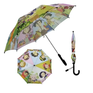 Kids Straight Umbrella Colorful Manual Umbrella With Customized Logo Printing Plastic J Handle Cute Rainy Waterproof