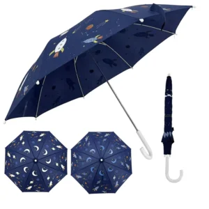 Kids Umbrella Color Changing Water Activated Space Rocket Print Straight Umbrella J Handle for Boys and Girls