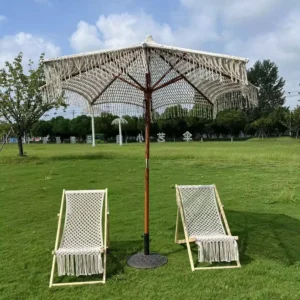 Knitted European Style Manual Patio Umbrella with Tassel Steel Pole, Cotton Fabric, 8 Ribs, for Hotel Pool and Beach Use
