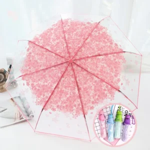 Korean Fashion Manual Three-Folding Transparent Umbrella Japanese Cherry Blossom Lace Sakura Clear Parasol for Adult Girls
