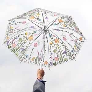Korean Forest Style Flower and Grass 21-Inch 8K Transparent Straight 3-Folding Umbrella for Kids and Adults