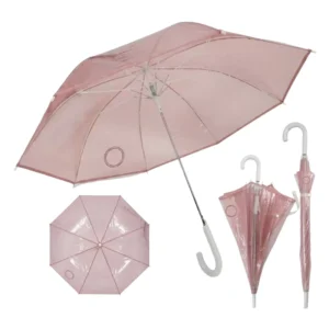 Korean Minimalist Transparent Umbrella 8K Clear POE Rain Umbrella with J-Hook Handle Dusty Rose Pink Trim for K-Beauty Retail