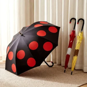 Korean Wave Point Long Handle Black Women’s UV Proof Sunny Rain Dual Use Dot Printed Umbrella